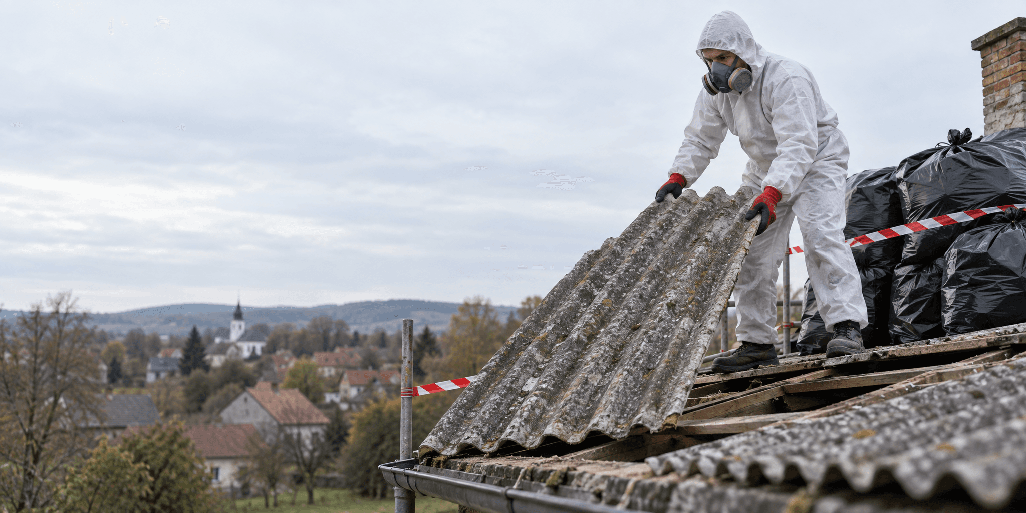 Pracovník v ochrannom odeve a respirátore odstraňuje eternitovú krytinu zo strechy